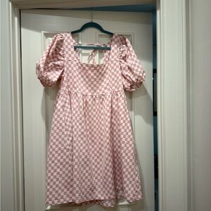 Mittoshop Pink and White Puff Sleeve Mini Dress